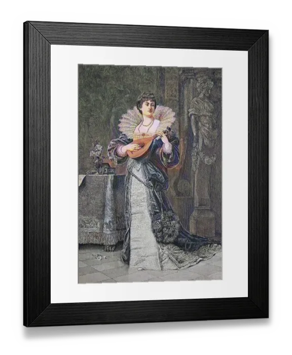 Framed Print : Mandolin player, historical wood engraving