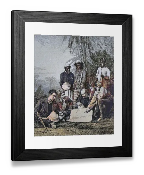 Framed Print : Henry Stanley and members of the Portuguese Society in San Paolo de Lando