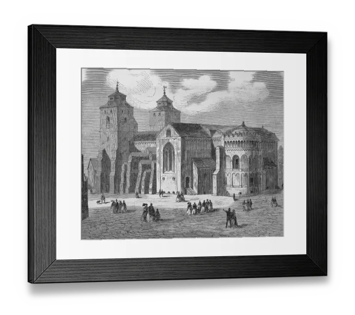 Framed Print : Tower front 1860 with Gothic window group above Romanesque portal