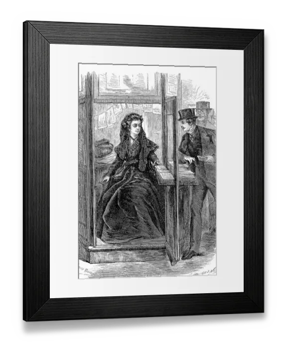 Framed Print : Newspaper seller in a small kiosk in 1869