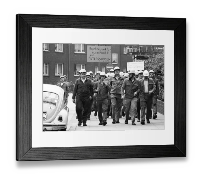 Framed Print : Steelworkers at the Thyssen works in Duisburg took to the streets out of concern for their jobs on 22