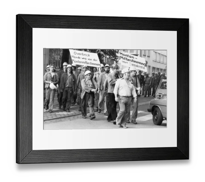 Framed Print : IG Metall warning strike at Hoesch AG Westfalenhuette to preserve co-determination on 29