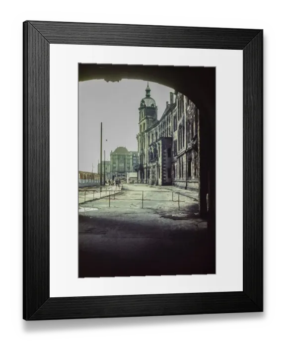 Framed Print : Ruin of the burnt out Residenzschloss at the Schlosstrasse in the background the new development of the Altmarkt
