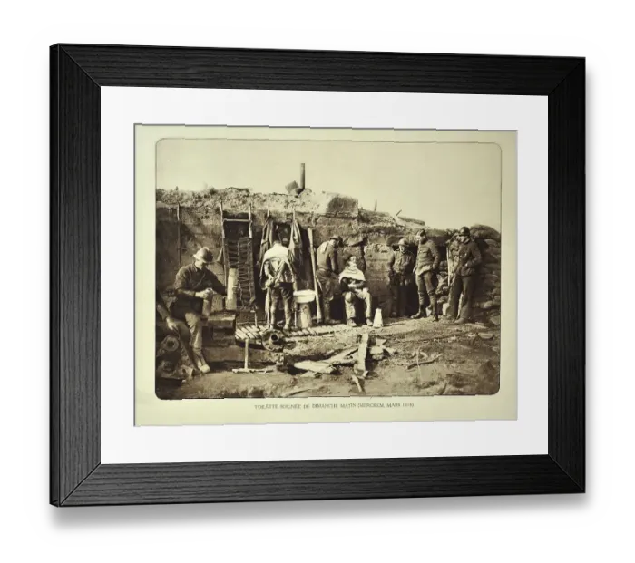 Framed Print : Soldiers getting shaved by barber in trench in Flanders during the First World War Framed Print : Soldiers getting shaved by barber in trench in Flanders during the First World War
