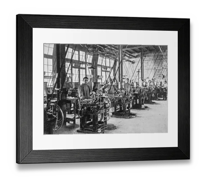 Framed Print : Early 20th century black and white archival photo showing workers Framed Print : Early 20th century black and white archival photo showing workers