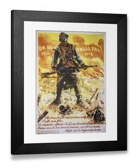 Framed Print : Vintage WWI propaganda poster showing French soldier from the First World War One defending France Framed Print : Vintage WWI propaganda poster showing French soldier from the First World War One defending France