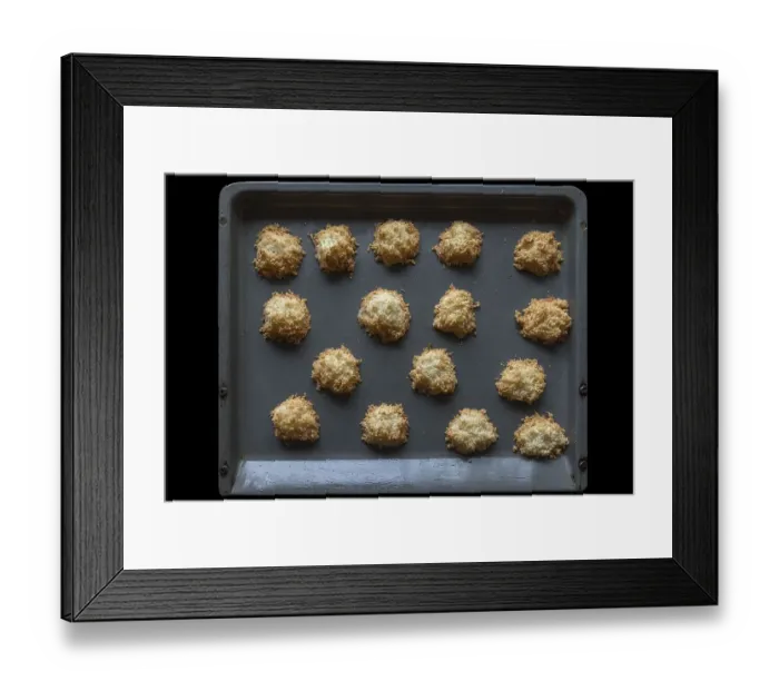 Framed Print : Freshly baked coconut macaroons on the baking tray