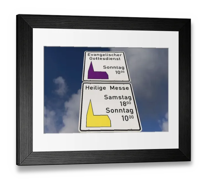 Framed Print : Signs indicating religious services of both denominations