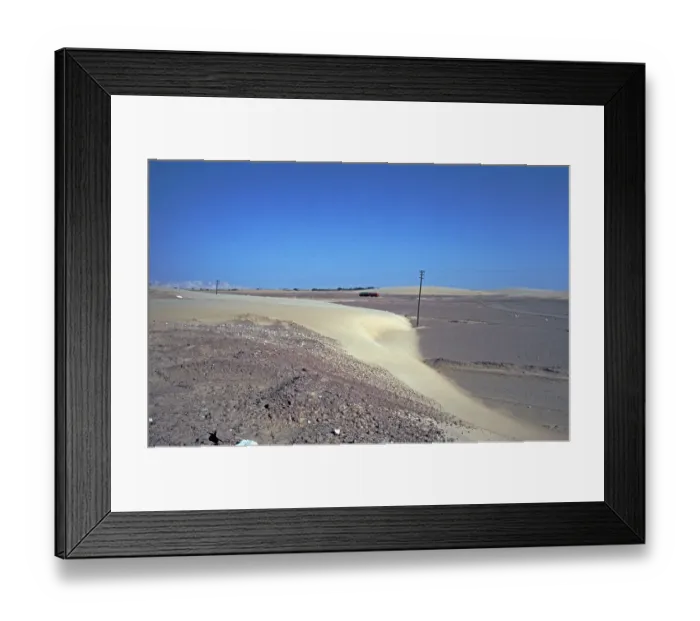 Framed Print : Road blocked by sickle dune, Rotel-Tours bus drives bypass road