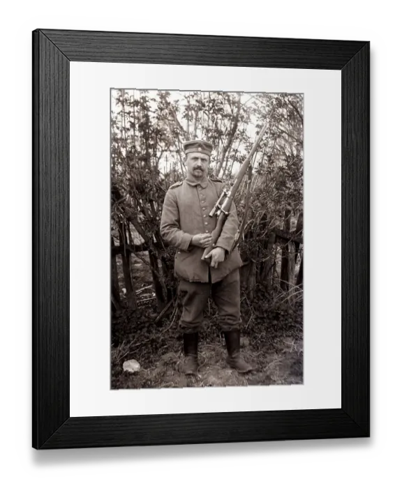 Framed Print : German soldier with carbine and telescopic sight
