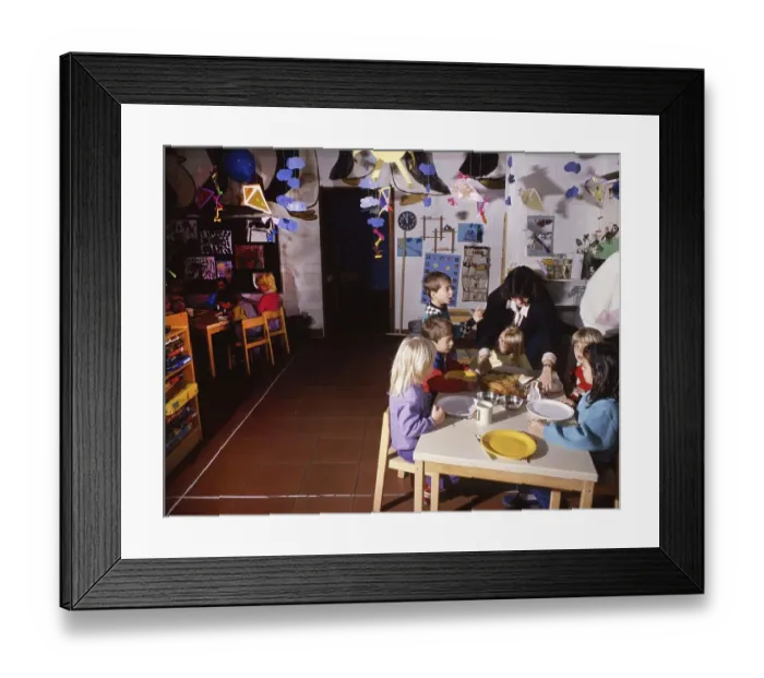 Framed Print : Dortmund. Kindergarten with care for children of age (pre-school) and pupils with chores in 1990