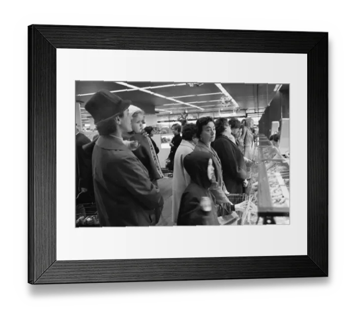 Framed Print : The work of a housewife and mother shopping for groceries at the supermarket and Aldi
