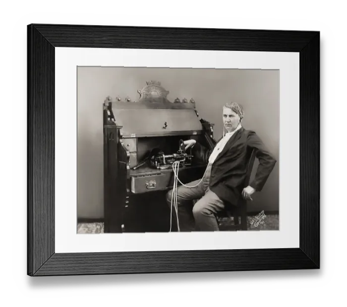 Framed Print : Thomas Alva Edison with his cylinder phonograph