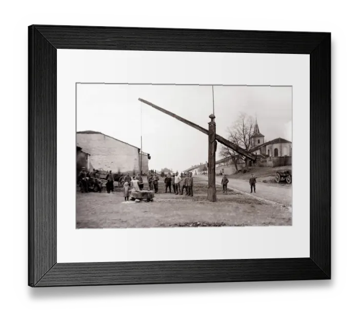 Framed Print : German soldiers with French civilians in front of the village fountain Framed Print : German soldiers with French civilians in front of the village fountain