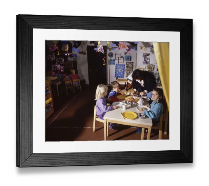 Framed Print : Dortmund. Kindergarten with care for children of age (pre-school) and pupils with chores in 1990