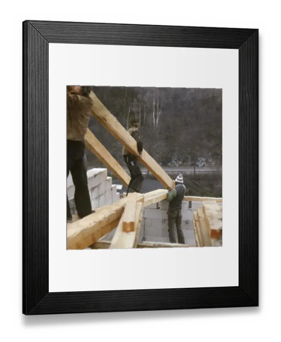 Framed Print : Iserlohn. Carpenters at the new building. ca. 1981 Framed Print : Iserlohn. Carpenters at the new building. ca. 1981
