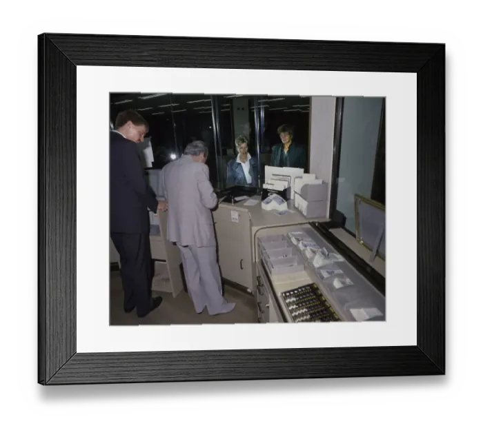 Framed Print : Ca. 1988, Hagen. Banking operations at Deutsche Bank