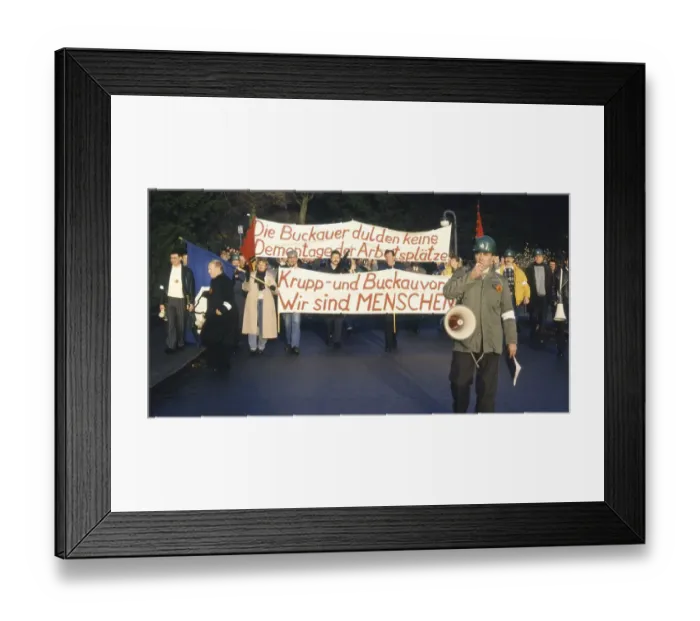 Framed Print : Grevenbroich. Protest by workers and employees of the Buckau company out of concern for jobs ca