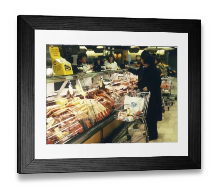 Framed Print : Dortmund. Customers shopping in a sopermarket in 1982 Meat and sausage products Framed Print : Dortmund. Customers shopping in a sopermarket in 1982 Meat and sausage products