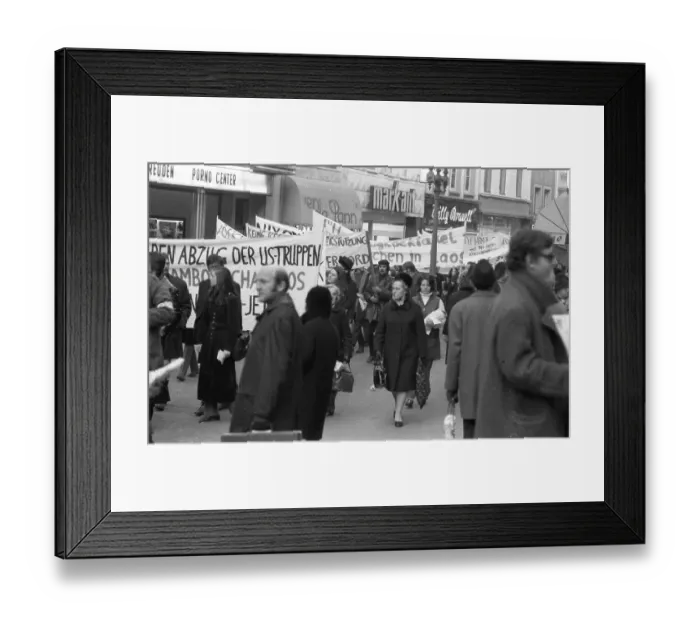 Framed Print : Predominantly students demonstrated for a hands off Laos in 1970 in Bonn against the deployment of the US army in