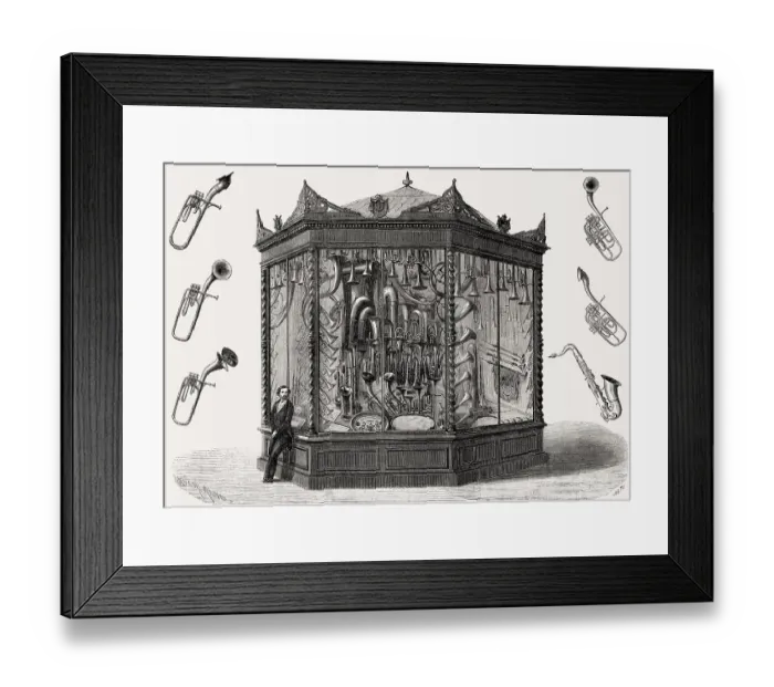 Framed Print : The showcase of Adolphe Sax, International Exhibition of 1862