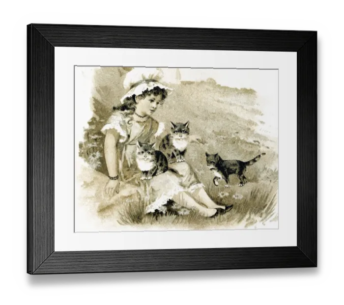 Framed Print : Girl is dreaming with cats postcard about 1900 Framed Print : Girl is dreaming with cats postcard about 1900