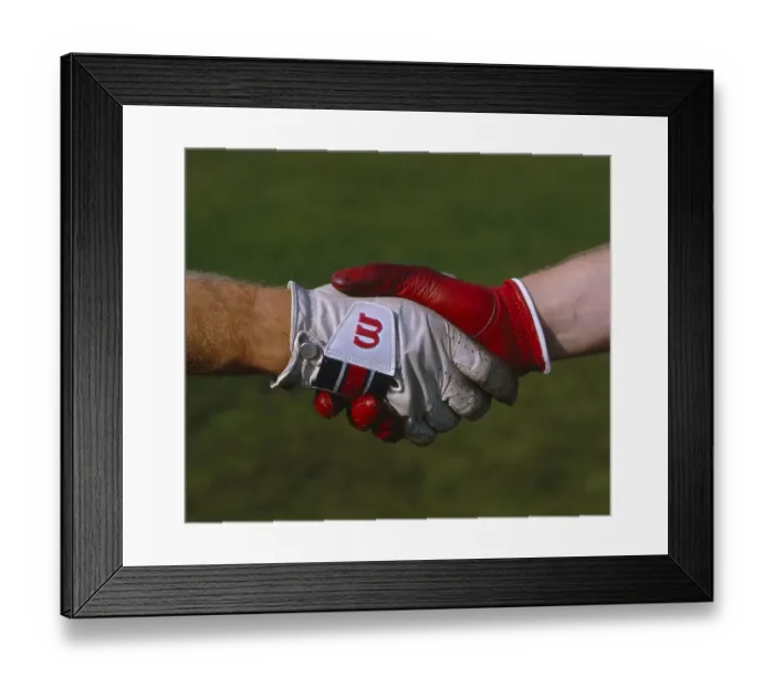 Framed Print : Handshake non 2 two golfers