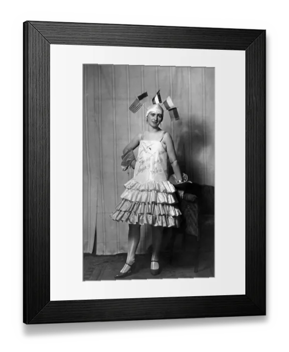 Framed Print : Woman with flags on her head promoting the flight from Berlin to Vienna via Leipzig Framed Print : Woman with flags on her head promoting the flight from Berlin to Vienna via Leipzig