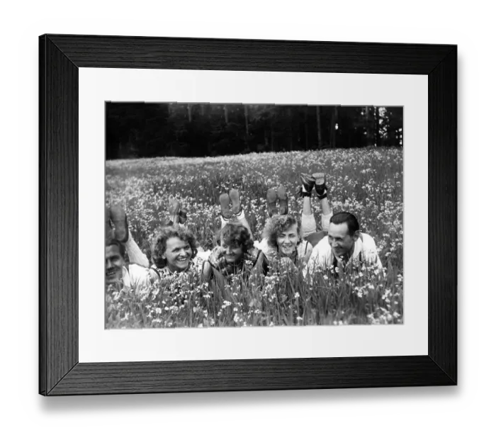 Framed Print : Three women and two men lying in a meadow of flowers Framed Print : Three women and two men lying in a meadow of flowers
