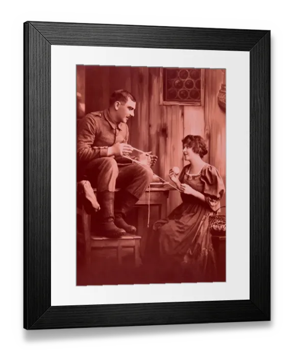 Framed Print : Flirt, couple flirts while crocheting