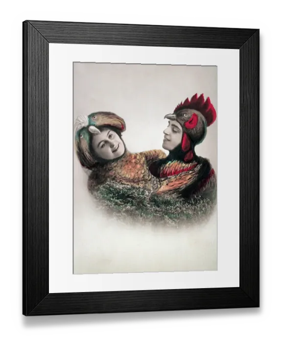 Framed Print : Couple, man and woman disguised as cock and chicken