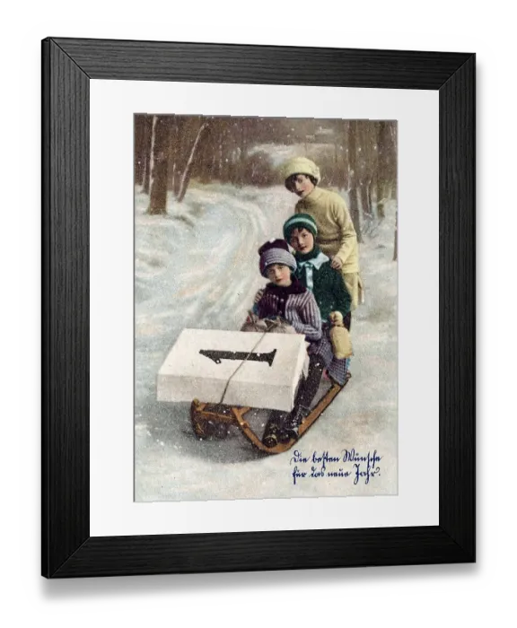 Framed Print : Children sitting on a sled, New Year