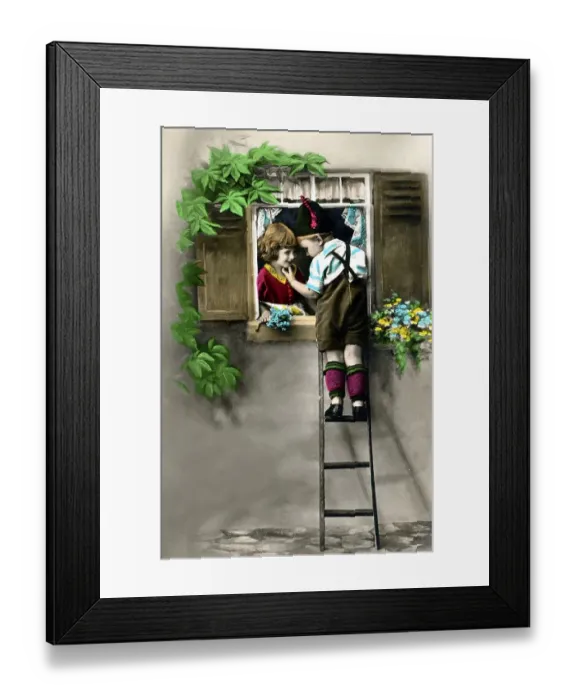 Framed Print : Flirt, window, little boy stands on the ladder and flirts with girls