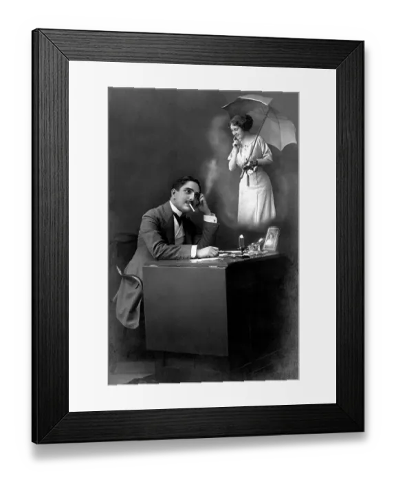 Framed Print : Couple, man at a desk thinking longingly of his lover Framed Print : Couple, man at a desk thinking longingly of his lover