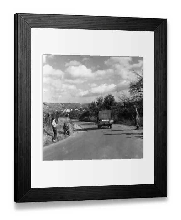 Framed Print : Government representatives with their vehicles in 1966 during a police check at the hitherto secret atomic bunker of