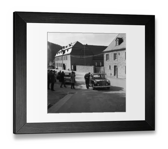 Framed Print : Government representatives with their vehicles in 1966 during a police check at the hitherto secret atomic bunker of