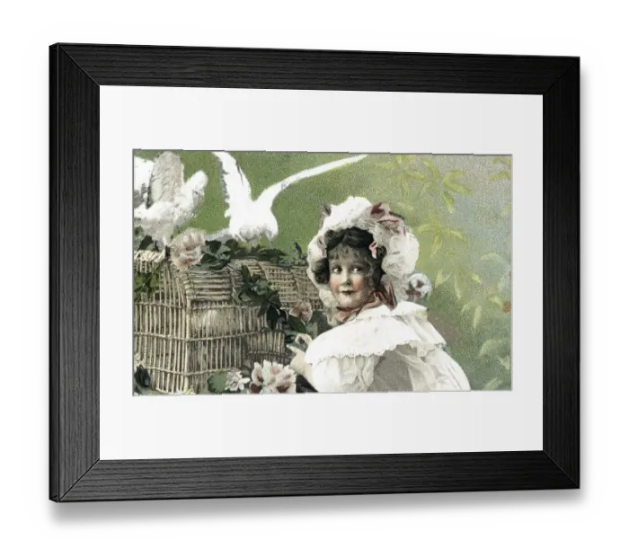 Framed Print : Girl with basket and white doves postcard about 1900 Framed Print : Girl with basket and white doves postcard about 1900