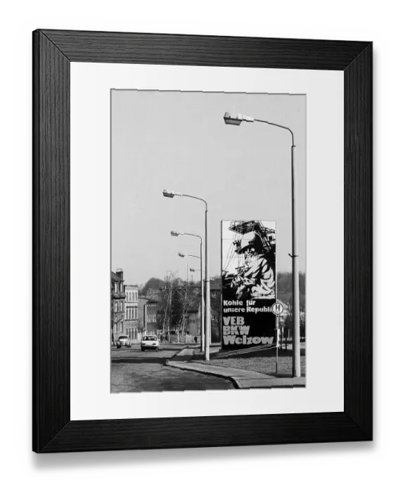 Framed Print : Advertising board for the state-owned company Braun Kohle Werk Welzow on Hoyerswerdaer Strasse Framed Print : Advertising board for the state-owned company Braun Kohle Werk Welzow on Hoyerswerdaer Strasse
