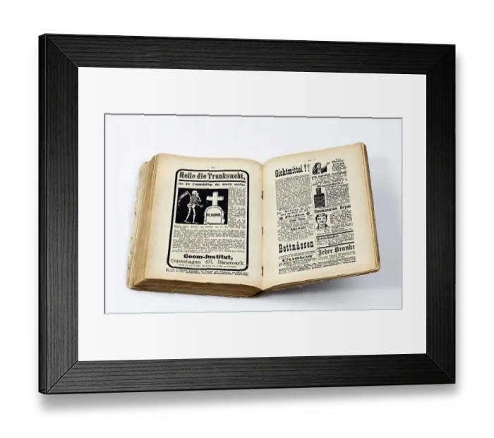 Framed Print : Advertisements featuring miracle cures for alcoholism and gout in an illustrated German fleet calendar