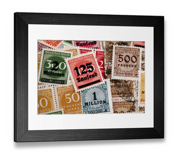 Framed Print : Old, postmarked stamps, inflation