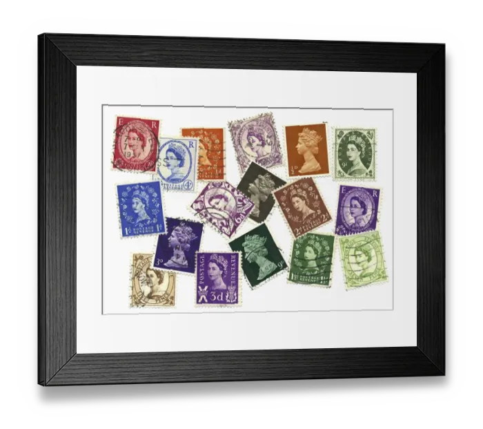Framed Print : Stamped stamps from Great Britain with Queen Elizabeth II of England Framed Print : Stamped stamps from Great Britain with Queen Elizabeth II of England