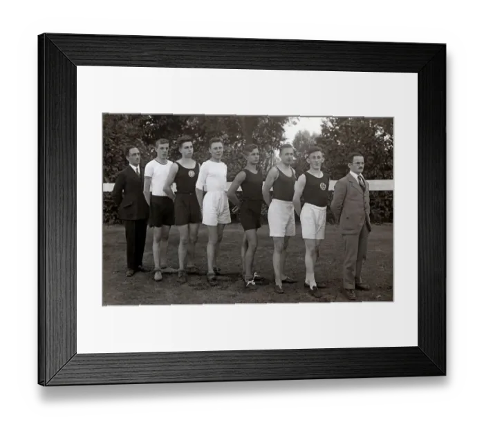 Framed Print : Six young sportsmen and women with coach Framed Print : Six young sportsmen and women with coach