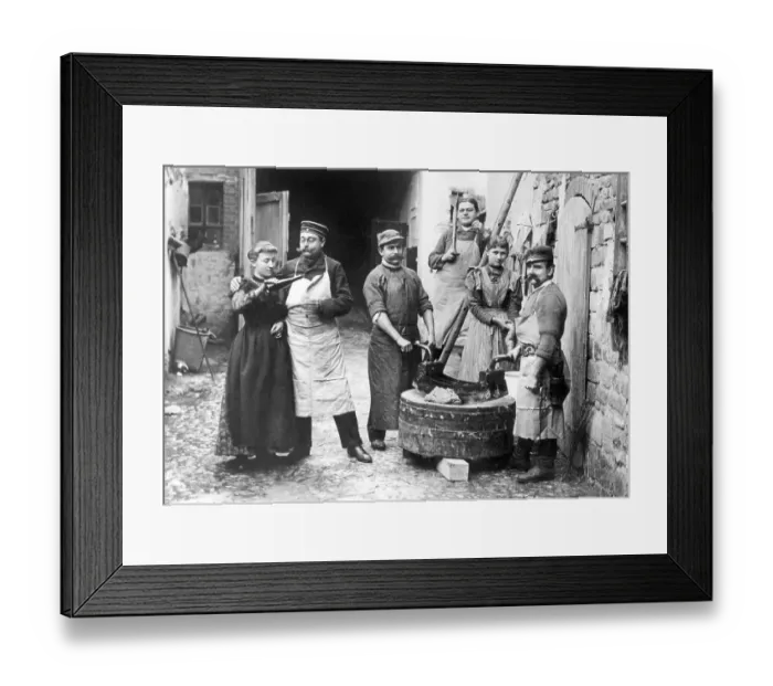 Framed Print : Agriculture, butchers celebrate in the yard