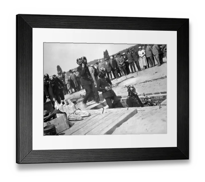 Framed Print : Mining, rescue from a mine with gas masks and recirculation device