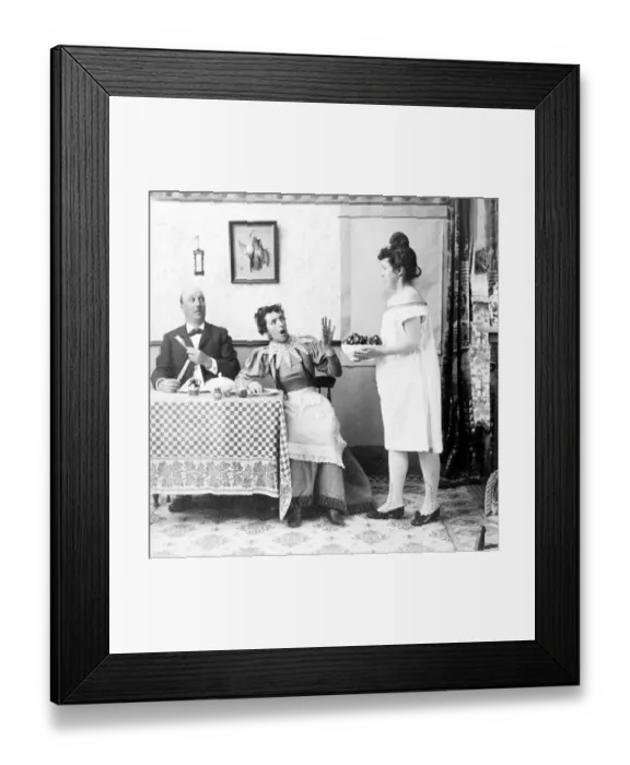 Framed Print : Maid in nightgown, outraged couple