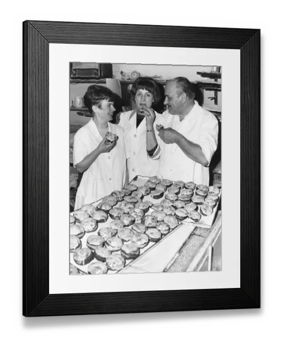 Framed Print : Baker and employees eat pancakes