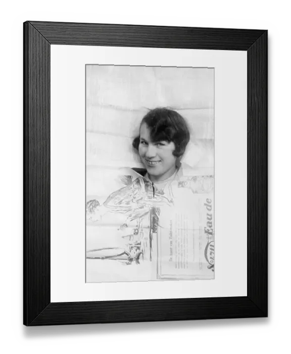 Framed Print : Woman stuck her head through the paper of a fashion magazine
