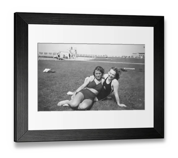 Framed Print : Swimwear, two friends in a swimming pool