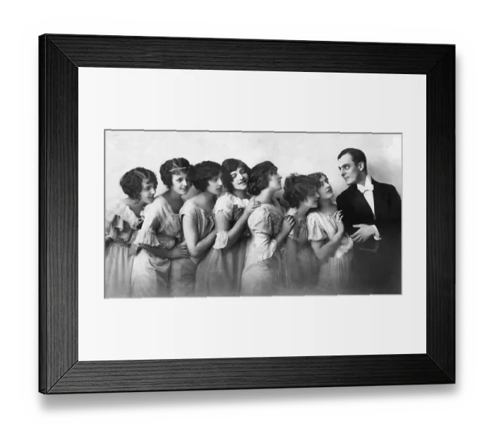 Framed Print : Flirt, seven women are interested in one man