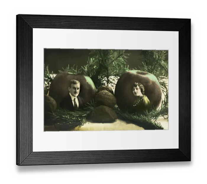 Framed Print : Couples, man and woman each mounted in an apple